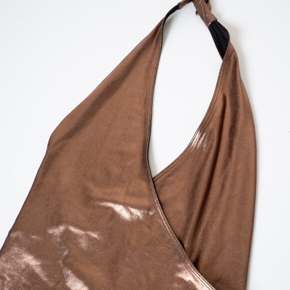 🚨 Aritzia Little Moon Bodysuit Metallic Copper Luna Halter Tie Strap - Picture 8 of 13